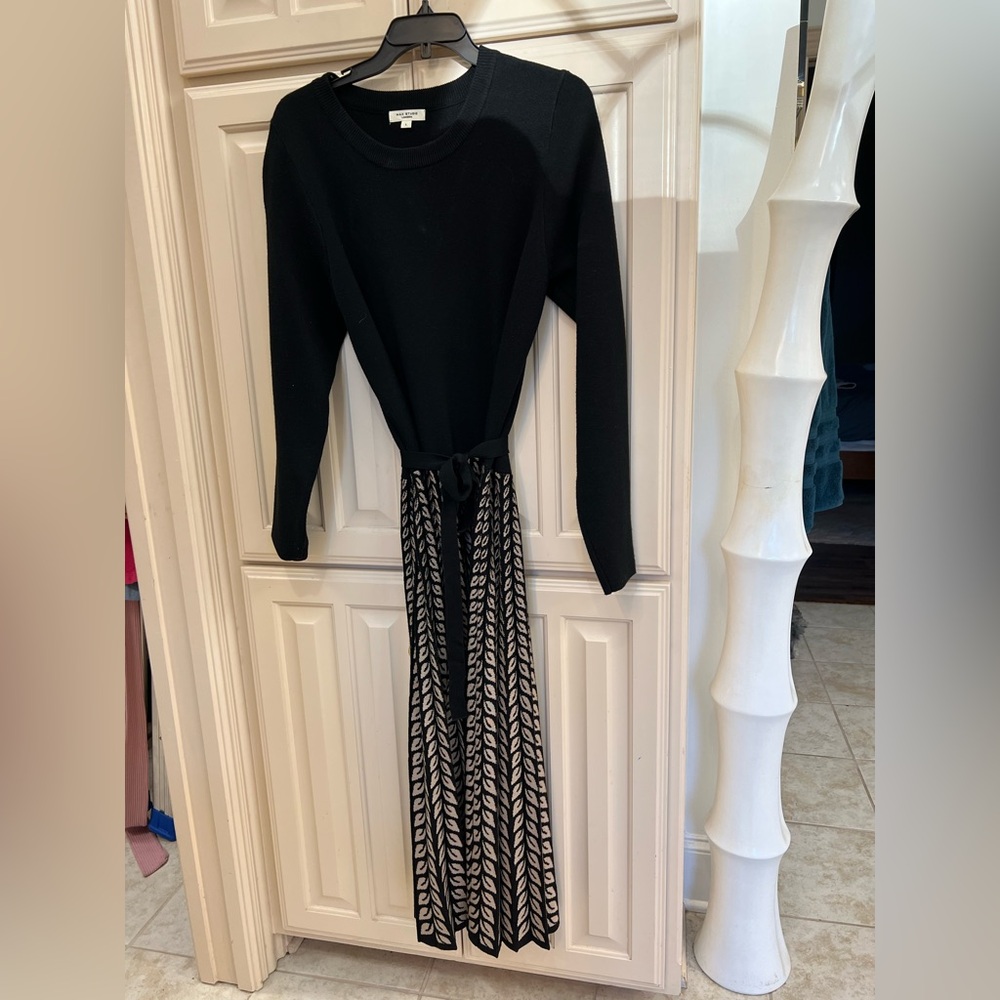 Max Studio Black Sweater Dress tie waist with White Patterned Skirt